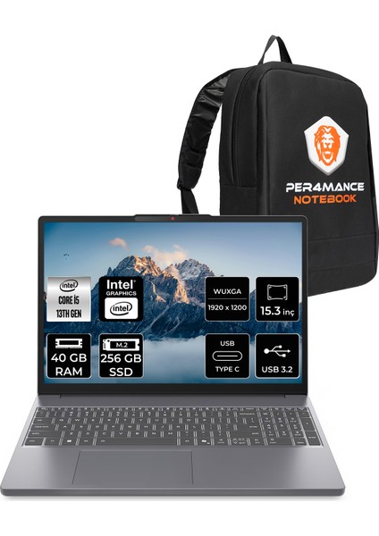 Ideapad Slim 3 Intel Core I5 13420H 40GB 256GB SSD 15.3" Fhd+ Fdos Taşınabilir Bilgisayar & Per4 Çanta 83K1003MTRP310