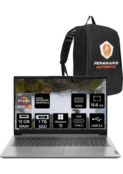 Ideapad 1 Amd Ryzen 5 5625U 12GB 1tb SSD 15.6" Fhd Windows 11 Home Taşınabilir Bilgisayar & Per4 Çanta 82R400VPTXP333