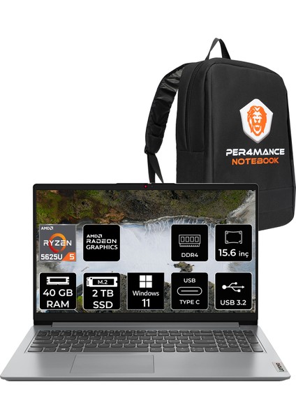 Ideapad 1 Amd Ryzen 5 5625U 40GB 2tb SSD 15.6" Fhd Windows 11 Home Taşınabilir Bilgisayar & Per4 Çanta 82R400VPTXP349
