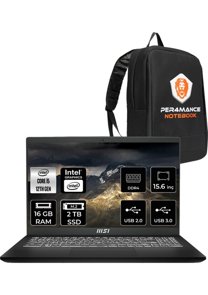 Msı Modern 15 Intel Core I5 1235U 16GB 2tb SSD 15.6" Fhd Fdos Taşınabilir Bilgisayar & Per4 Çanta B12MO676XTRP304