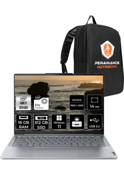 Yoga Slim 6 Intel Core I7 13700H 16GB 512GB SSD 14" Fhd+ Windows 11 Pro Taşınabilir Bilgisayar & Per4 Çanta 83E0005YTRP312
