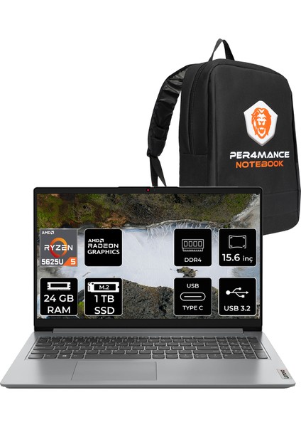 Ideapad 1 Amd Ryzen 5 5625U 24GB 1tb SSD 15.6" Fhd Fdos Taşınabilir Bilgisayar & Per4 Çanta 82R400VPTXP318