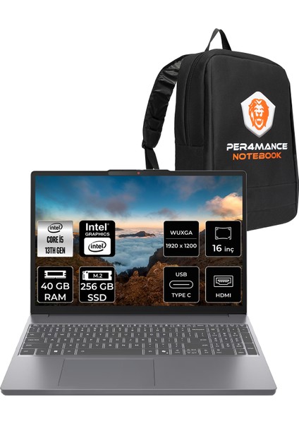 Ideapad Slim 3 Intel Core I5 13420H 40GB 256GB SSD 16" Fhd+ Fdos Taşınabilir Bilgisayar & Per4 Çanta 83K2001FTRP310