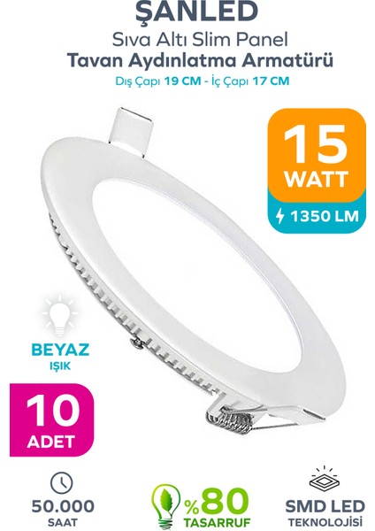 15W Tasarruflu LED Yuvarlak Beyaz Işık Sıva Altı Slim Panel Tavan Aydınlatma Armatürü-10 Adettir