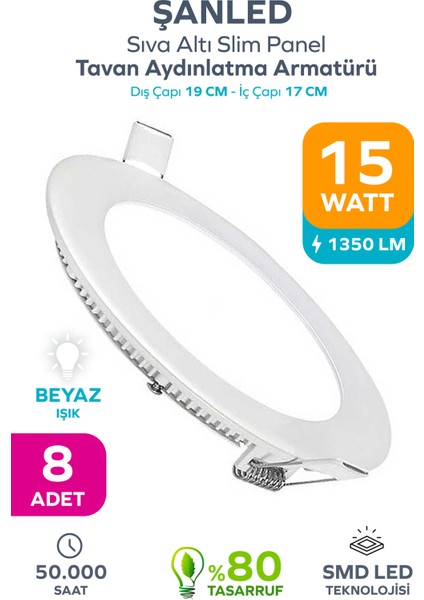 15W Tasarruflu LED Yuvarlak Beyaz Işık Sıva Altı Slim Panel Tavan Aydınlatma Armatürü-8 Adettir