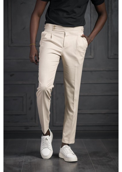 Slimfit Çift Pileli Kemer Tokalı Yazlık Kumaş Pantolon