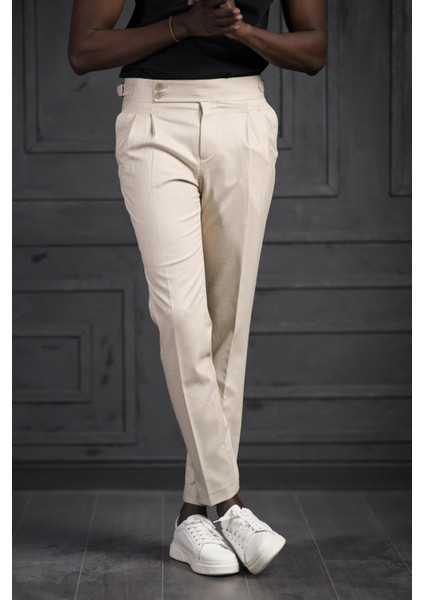 Slimfit Çift Pileli Kemer Tokalı Yazlık Kumaş Pantolon