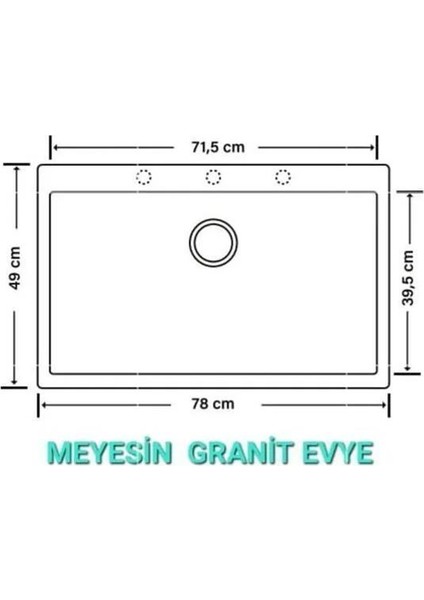 Granit Eviye Siyah Tek Gözlü Mutfak Evyesi 78 x 49 cm .