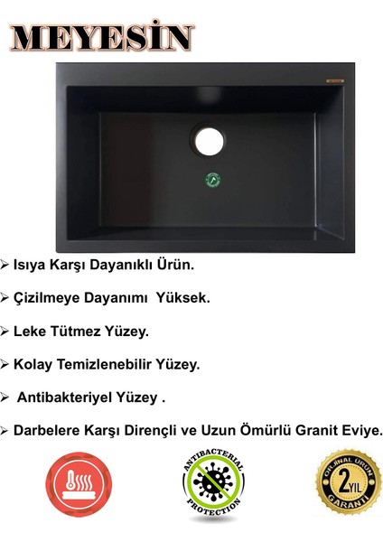 Granit Eviye Siyah Tek Gözlü Mutfak Evyesi 78 x 49 cm .