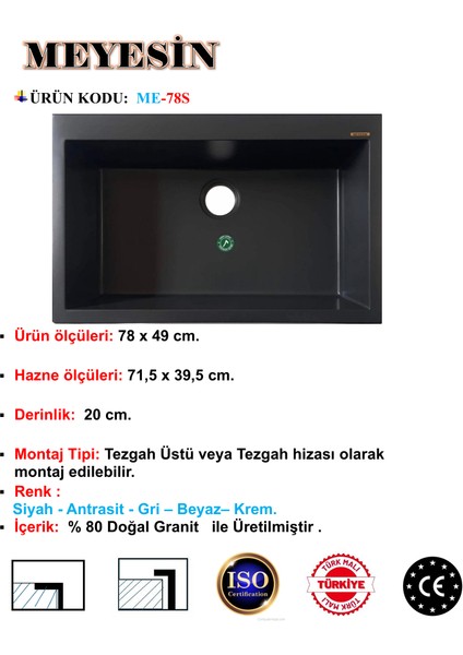 Granit Eviye Siyah Tek Gözlü Mutfak Evyesi 78 x 49 cm .