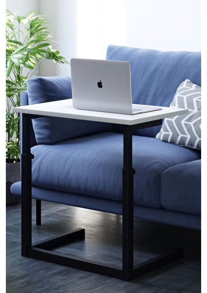Modern Metal Ayaklı Yükseklik Ayarlı Laptop Sehpası - C Tasarım Yan Sehpa - 70 x 40 cm - Ahşap Üst Tabla