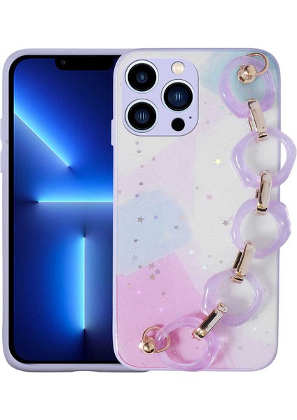 iPhone 13 Pro Kılıf Simli Desenli El Askılı Tutacaklı Iksp Elsa Silikon Kapak-Lila