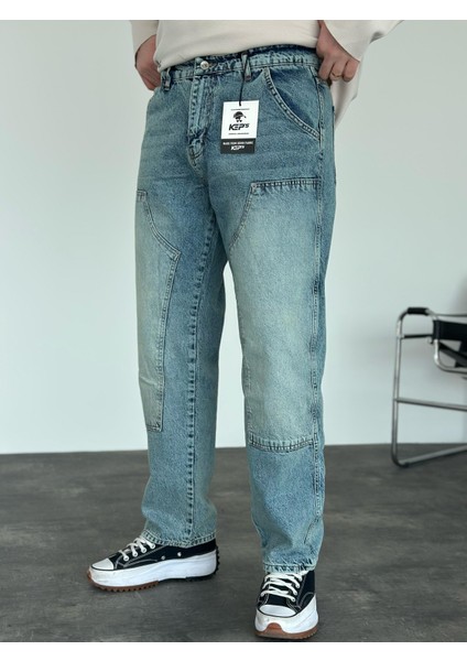 Erkek Baggy Fit Blok Detaylı Jean Pantolon Mavi