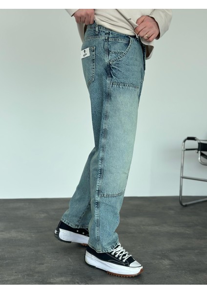 Erkek Baggy Fit Blok Detaylı Jean Pantolon Mavi fiyatları