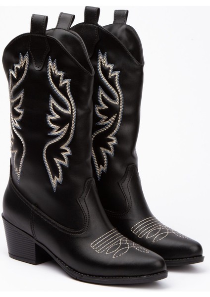 Kadın Cilt Nakışlı Western Kovboy Çizme 7014