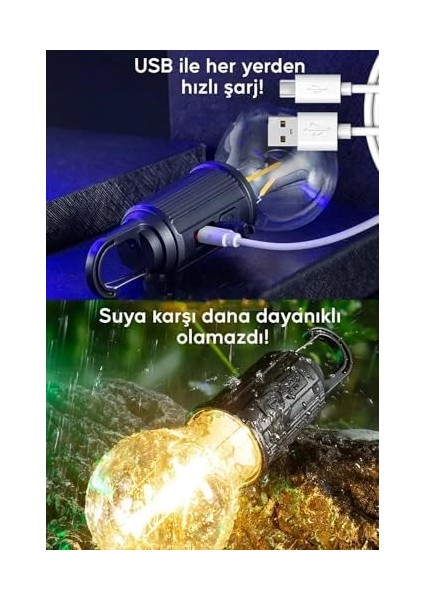 USB Şarjlı Taşınabilir LED Ampul Model Kamp Lambası - 3 Işık Modu, Suya Dayanıklı, Askı Aparatlı, Açık Hava ve Acil Durumlar Için