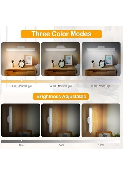 Şarjlı Aplik LED Işık, Mıknatıslı Dolap Altı Aydınlatma, Kitap Okuma Lambası, 3 Renk Modlu Kısılabilir LED Işık Çubuğu, USB Şarjlı, Duvara Monte Ayna, Başucu, Mutfak Aydınlatması 30×35×50 mm