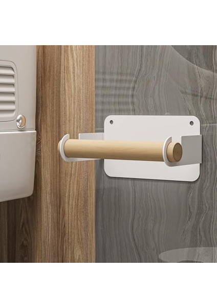 Ahşap Metal Tuvalet Kağıtlığı, Tuvalet Kağıdı Tutacağı, Yapışkanlı Tuvalet Kağıtlığı, Doğal Ahşap Bar Tutucu Tuvalet Kağıdı Standı, Minimal Tuvalet Wc Kağıtlık (Beyaz)
