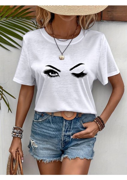 Kadın Kısa Kollu Bisiklet Yaka Göz Baskılı Süprem T-Shirt