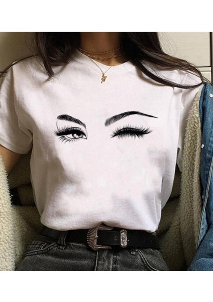 Kadın Kısa Kollu Bisiklet Yaka Göz Baskılı Süprem T-Shirt modelleri