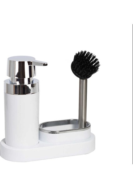 Polen Mutfak Set Beyaz Sıvı Sabunluk Fırçalı Plastik 300ML 20X8,5X19,5CM Sünger Hazneli 1 Adet