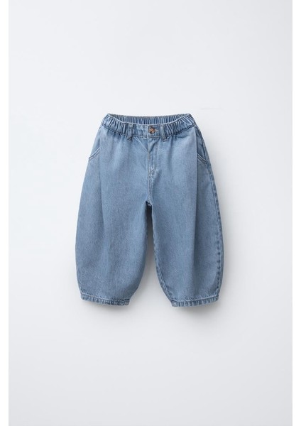 Unisex Çocuk Balloon Kesim Gri Pamuklu Kot Pantolon Lastikli Paça Detaylı Rahat Kalıp