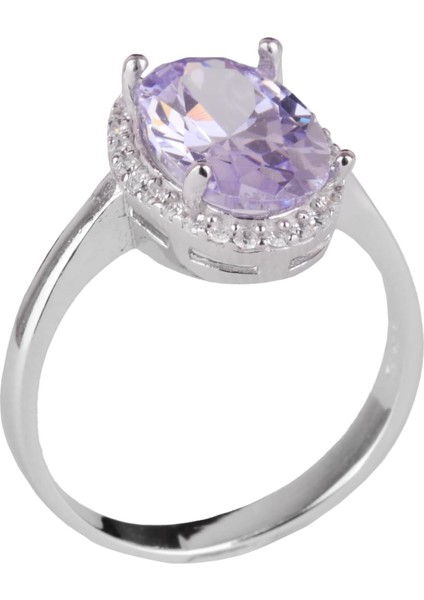 925 Ayar Gümüş Kadın Yüzük - Şık Oval Kesim Taş Yüzük - Yapay Taş El Yapımı Yüzük (Yapay Ametist)