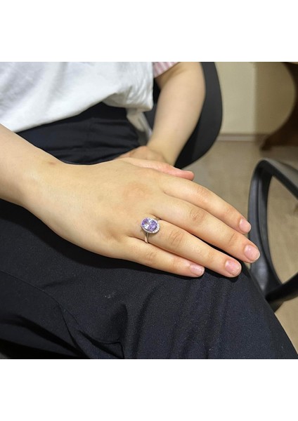 925 Ayar Gümüş Kadın Yüzük - Şık Oval Kesim Taş Yüzük - Yapay Taş El Yapımı Yüzük (Yapay Ametist) modelleri