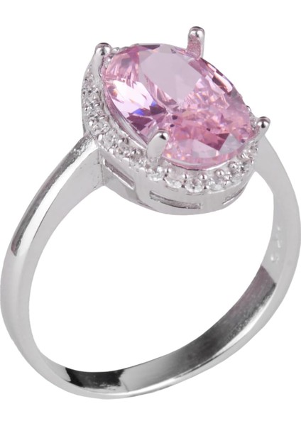 925 Ayar Gümüş Kadın Yüzük - Şık Oval Kesim Taş Yüzük - Yapay Taş El Yapımı Yüzük (Yapay Pembe Topaz)
