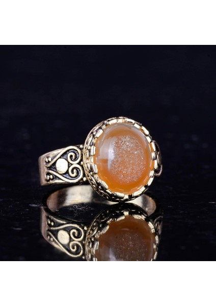 Gerçek Doğal Druzy Kuvars Taşı ile 925 Ayar Gümüş Altın Kaplama Yüzük, El Yapımı Kadın Yüzüğü (Sarı)