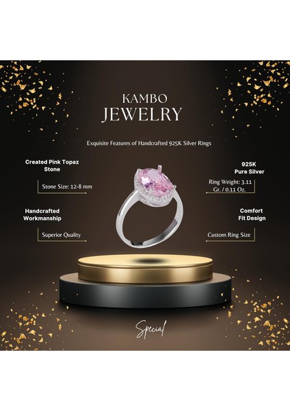 925 Ayar Gümüş Kadın Yüzük - Şık Oval Kesim Taş Yüzük - Yapay Taş El Yapımı Yüzük (Yapay Pembe Topaz)