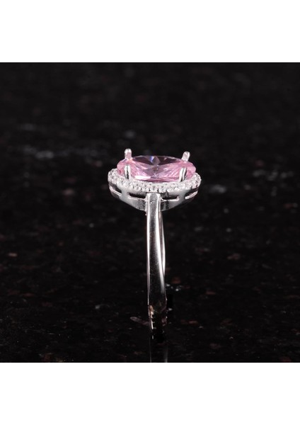 925 Ayar Gümüş Kadın Yüzük - Şık Oval Kesim Taş Yüzük - Yapay Taş El Yapımı Yüzük (Yapay Pembe Topaz)