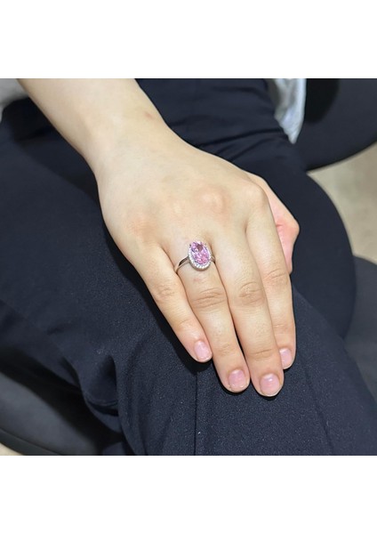 925 Ayar Gümüş Kadın Yüzük - Şık Oval Kesim Taş Yüzük - Yapay Taş El Yapımı Yüzük (Yapay Pembe Topaz)