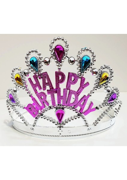 Gümüş Renk Happy Birthday Yazılı Doğum Günü Tacı 60 cm