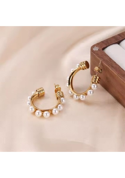 Kararmaz Paslanmaz Gold Renk Sıra Incili Çelik Halka Küpe