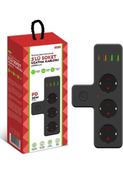 Termal Akım Korumalı 3'lü Duvar Tipi Priz Priz 3 x Usb, 1 x Type-C 20W Pd Giriş - Ftr-12
