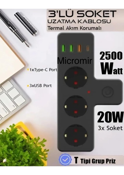 Termal Akım Korumalı 3'lü Duvar Tipi Priz Priz 3 x Usb, 1 x Type-C 20W Pd Giriş - Ftr-12