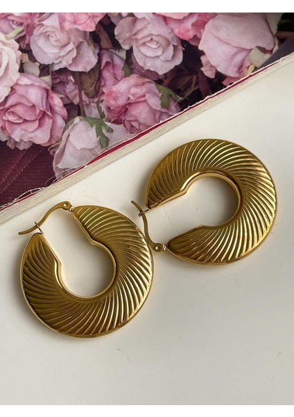 Kararmaz Paslanmaz Gold Renk Tırtıklı Model Çelik Halka Küpe modelleri