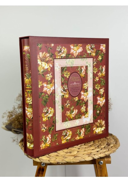 10 x 15 cm 500 Fotoğraf Kapasiteli Kutulu Çiçek Desenli Lüks Ofset Fotoğraf Albümü (Bordo)