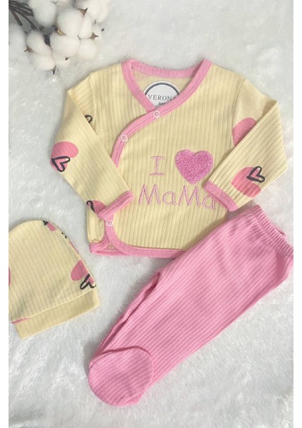 Kız Bebek Mama Annemi Seviyorum 3lü Hastane Çıkış Seti Tek Beden 50-56CM 0-3 Ay Yenidoğan Kıyafeti