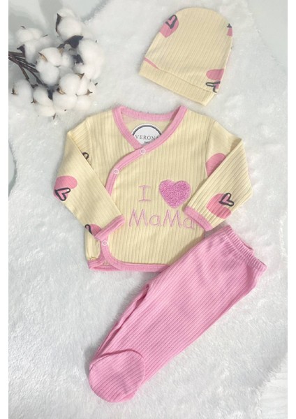 Kız Bebek Mama Annemi Seviyorum 3lü Hastane Çıkış Seti Tek Beden 50-56CM 0-3 Ay Yenidoğan Kıyafeti