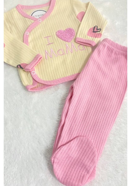 Kız Bebek Mama Annemi Seviyorum 3lü Hastane Çıkış Seti Tek Beden 50-56CM 0-3 Ay Yenidoğan Kıyafeti