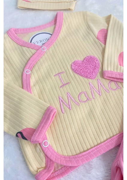 Kız Bebek Mama Annemi Seviyorum 3lü Hastane Çıkış Seti Tek Beden 50-56CM 0-3 Ay Yenidoğan Kıyafeti