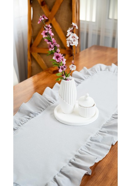 Rufle I Runner Naturel Fırfırlı Gri Vintage 40 x 110 cm