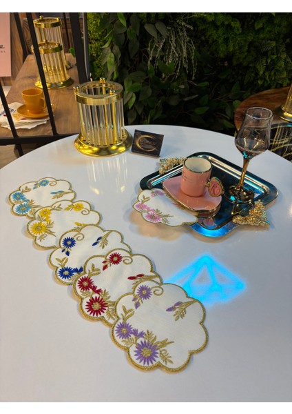 Kokteyl Peçetesi, Gold Çerçeveli Çok Renkli Oval Kesim Kahve Tepsisi Peçeteliği,6'lı Sunumluk Peçete