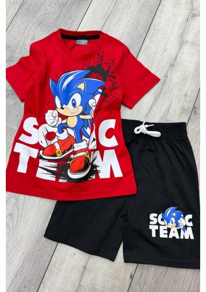 Sonic Baskılı Kırmızı Tişört ve Siyah Şort Yazlık Çocuk Takım
