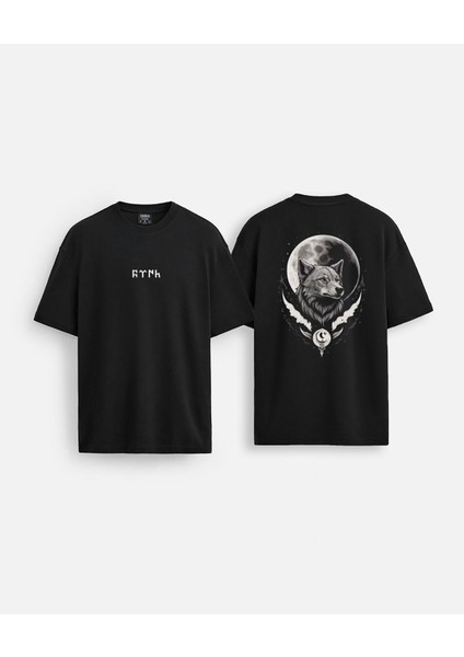 Türk Bozkurt Kurt Baskılı Bisiklet Yaka Oversize Çift Taraflı Siyah Tişört T-Shirt