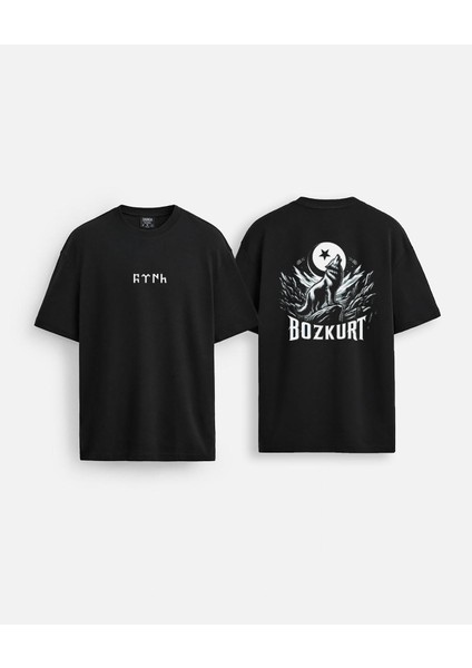 Türk Bozkurt Kurt Baskılı Bisiklet Yaka Oversize Çift Taraflı Siyah Tişört T-Shirt