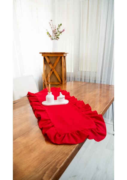 Rufle I Runner Naturel Fırfırlı Kırmızı Vintage 40 x 110 cm fırsatları