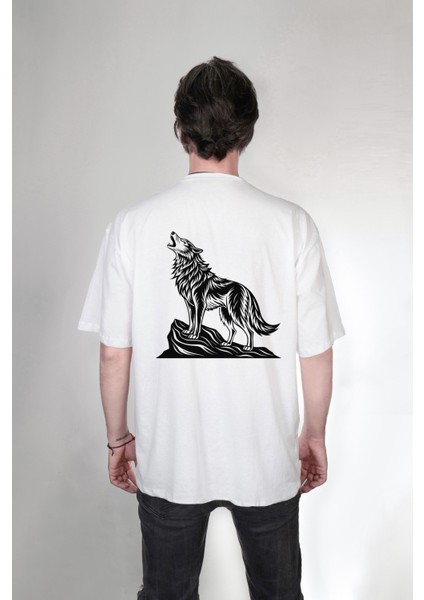 Türk Bozkurt Kurt Baskılı Bisiklet Yaka Oversize Çift Taraflı Beyaz Tişört T-Shirt